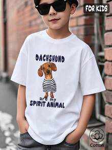 Tween Boy Summer Casual Comfort Fit T-Shirt With Dachshund Print - Short Sleeve Round Neck Boys' Tee, Perfect For Spring/Summer. Ideal Gift For Animal Lovers, Soft And Breathable, Unisex Oversized Design, Cool Preppy Style, Streetwear, Loose Fitting Youth T-Shirts, And Pattern Series, Suitable For Leisure, Vacation, Sport, Formal Events, Birthday Party, And Festivals - White - View 3