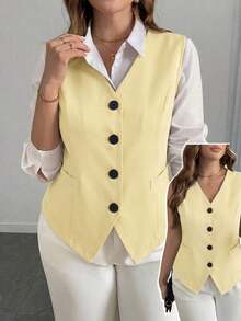 elegante de talla grande de un solo botonadura y ajustado, negro - Amarillo - Ver 5