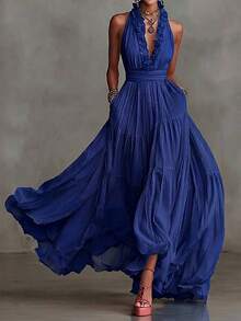 Sleeveless Long Party Dress With Deep V-Neck And Ruffled Sleeves, A-Line Cut And Layers. - Royal Blue - View 3