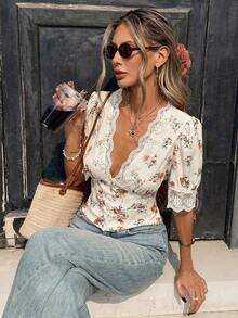 Blusa elegante y vintage de mujer con cuello en V, cintura ceñida y parches de encaje floral rojo - Albaricoque - Ver 4