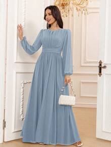 Vestido de dama de honor formal de gasa de manga larga hasta el suelo con corte evasé, color borgoña elegante, vestido de invitada de boda, mangas sin forro, primavera - Niebla azul - Ver 3