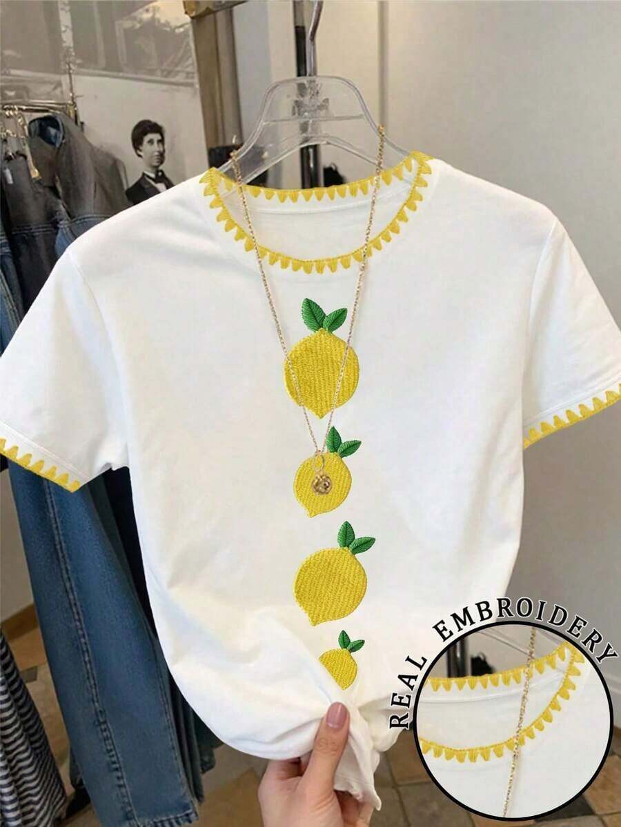 Camiseta de mujer de manga corta con cuello redondo y bordado de limón - Blanco 4 - Ver 1