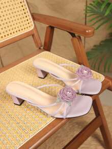 Women's Comfortable Square Toe Chunky Heel Sandals, 3D Floral Decor Thin Strap Open Toe Slides, Purple Faux Leather, Elegant Summer Beach & Daily Wear Slippers - Lilac Purple - View 4