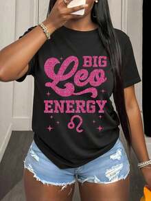 Camisetas gráficas de manga corta para mujer, Camiseta Vibrante Leo, Camiseta casual de manga corta para mujer de talla grande con 
 Camiseta con Gráfico Divertido de Leo, Regalo Perfecto de Navidad y Cumpleaños para Mujeres Leo, Camiseta Zodiacal para Todas las Temporadas, Gran Energía Leo, Camisetas Vintage para Chicas Leo de Agosto. - Negro - Ver 1