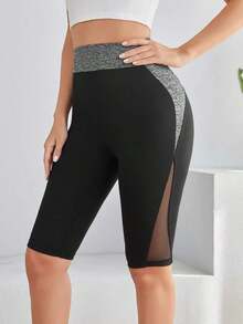 Pantalones cortos de ciclista de cintura alta con contraste de bloques de color y malla, casuales - Negro - Ver 4