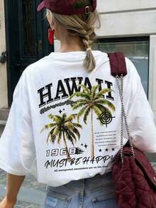 Camiseta Holgada de Mujer para Vacaciones Tropicales, Ligera y Cómoda, de Cuello Redondo y Manga Corta, Estampada con Patrón de Palmeras "Hawaii 1968", Estilo Playero Popular en INS, Ideal para Fiestas en Hawái, Bodas en la Playa, Cruceros y Vacaciones de Verano, Color Blanco Casual - Blanco - Ver 6
