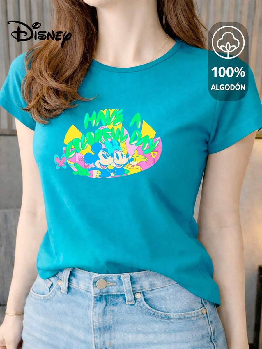Women's T-Shirt Made Of 100% High-Quality Cotton, This T-Shirt Guarantees Exceptional Softness To The Touch, Round Neck With "Disney Mickey & Minnie Have A Colorful Day" Print And Short Sleeves - 綠松石 - 查看 1