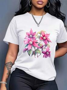 Plus Size - Women's Oversized T-Shirt - Loose Casual Top For Everyday Wear, Soft Pink Floral Print, Lightweight And Breathable Fabric, Suitable For Spring And Summer, Casual, Office And Party - Everyday Wardrobe Essential, Summer Fashion, Vibrant Design, Comfortable Material, Stylish Shirt, For Fashion Enthusiasts DCL8 - 白色 - 查看 4