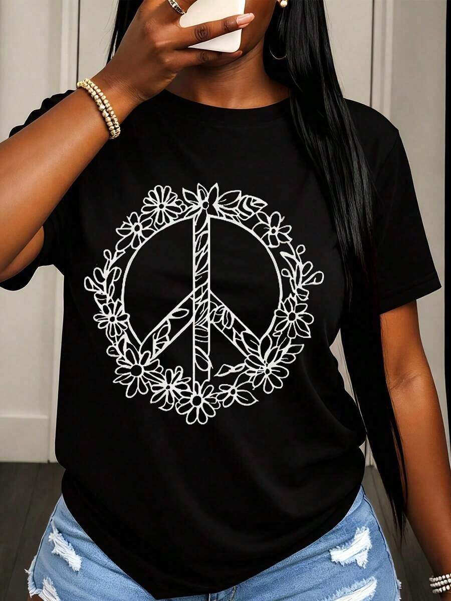 Women's T-Shirts With Floral Peace Symbol Design, Casual Summer T-Shirt For Women, Graphic Print Top, White T-Shirt For Hippie Festival, Boho Style Outfit, Blouses For Women. - 黑色 - 查看 1
