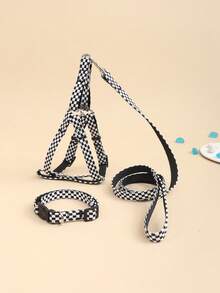 1 Set Polyester Minimalist Black & White Plaid Collar, Chest Harness & Leash, Suitable For Small Breeds Like Teddy & Poodle When Going Out - Black and White - View 6