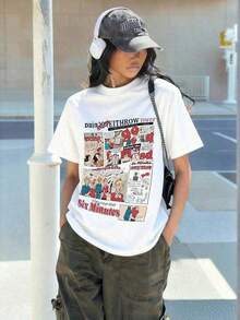 1 Piece, New Summer 2026 Collection, Women's Short Sleeve Crew Neck T-Shirt, Cartoon Letter Print, Casual Loose And Versatile Top, Fashionable Everyday Wear, Vintage Urban Style White, Unisex Cotton Loose Short Sleeve Crew Neck T-Shirt, Sizes: S–7XL; Ships In 24 Hours 180g 100% Cotton - 白色 - 查看 1
