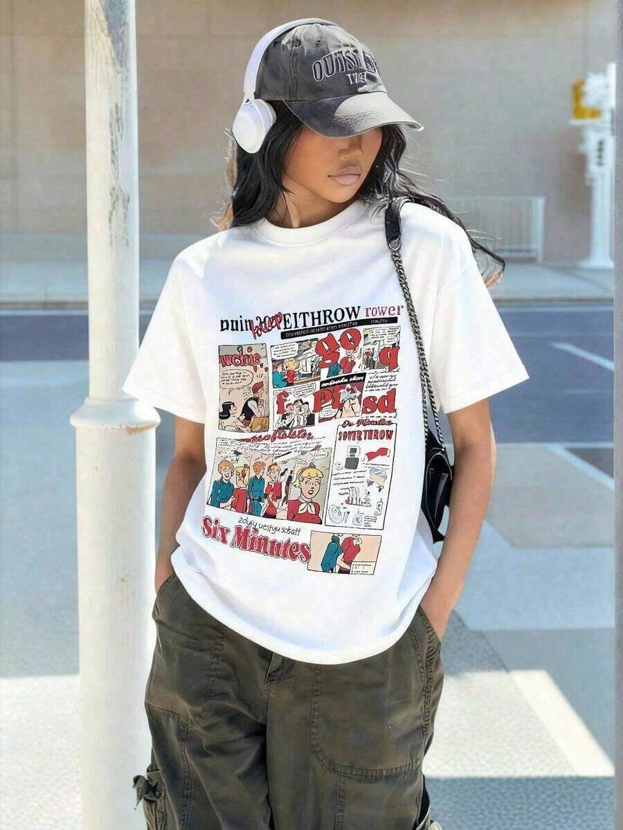 1 Piece, New Summer 2026 Collection, Women's Short Sleeve Crew Neck T-Shirt, Cartoon Letter Print, Casual Loose And Versatile Top, Fashionable Everyday Wear, Vintage Urban Style White, Unisex Cotton Loose Short Sleeve Crew Neck T-Shirt, Sizes: S–7XL; Ships In 24 Hours 180g 100% Cotton - 白色 - 查看 1