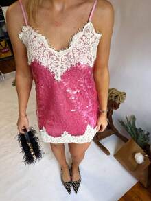Women Sleeveless Spaghetti Strap Dress Sequin Lace Patchwork V-Neck Mini Party Dress - Rosa - Ver 2