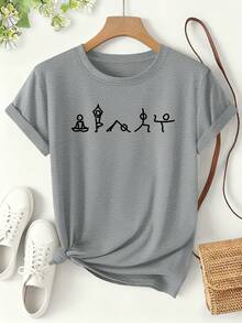Women's Yoga T-Shirt With Yoga Figure Print, Fun Style Spring/Summer 2026, Short Sleeve, Lightweight, Sporty, For Everyday Wear, Loose Fit, Versatile And Modern Sports-Themed Design, Women's Clothing Sizes S-XXL - 淺灰色 - 查看 1