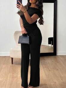 New Women's Summer Outfit, Minimalist And Elegant Style, Short Sleeves, Long Pants, Flattering Design, Cool, Versatile, Perfect For Office, Daytime Looks, Walks And Everyday Wear - 黑色 - 查看 1