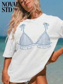 1 PcsNOVAL Best Selling 2026, Women's Summer Shell Bikini Shells Printed Graphic Tee Casual Vacation Style Loose Multifunctional Round-Neck 100% Cotton Short-Sleeve T-Shirt, Fashionable Everyday Top, Summer Outfits For Women.180g Cotton 100% - 杏子 2 - 查看 7