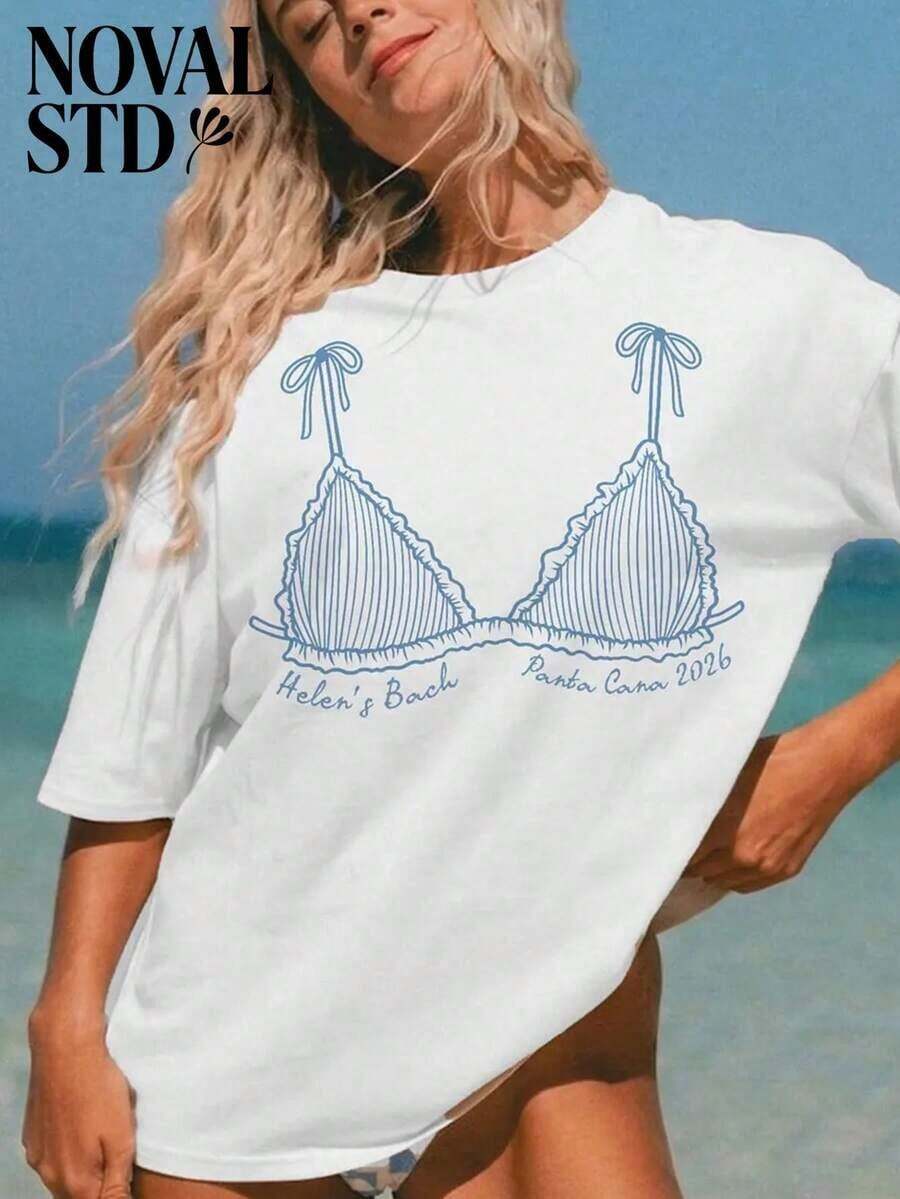 1 PcsNOVAL Best Selling 2026, Women's Summer Shell Bikini Shells Printed Graphic Tee Casual Vacation Style Loose Multifunctional Round-Neck 100% Cotton Short-Sleeve T-Shirt, Fashionable Everyday Top, Summer Outfits For Women.180g Cotton 100% - 白色 08 - 查看 1