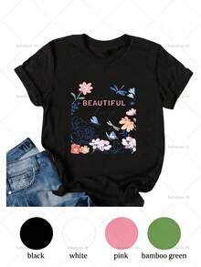 Camiseta Estampada para Mujer - Camiseta Casual de Manga Corta y Cuello Redondo en Negro con Diseño Floral y Texto HERMOSA, Corte Relajado para Todas las Estaciones, Perfecta para Uso Diario y Atuendos de Vacaciones (Lavable aáquina). - Negro - Ver 6