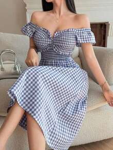 Vestido midi de mujer con mangas cortas y estampado elegante, vestidos de verano para mujeres - Azul - Ver 1