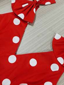 Vestido elegante de mujer con decoración de lazo a lunares para fiestas navideñas y de Año Nuevo - Rojo - Ver 6