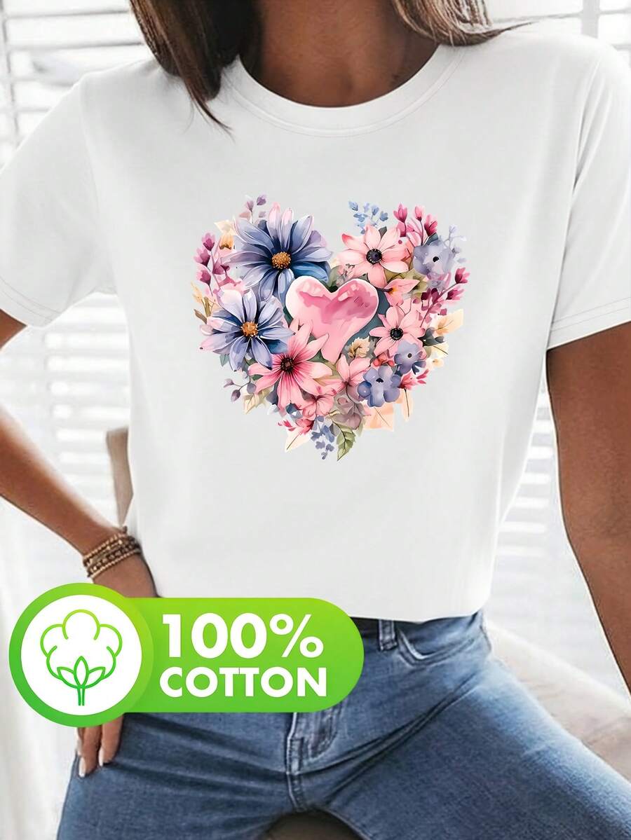 Camiseta casual de manga corta para mujer 100 % pura, con estampado de corazón floral con flores moradas, diseño estampado de cuello redondo, elegante estilo vintage de influencer, suave y cómoda para primavera, verano y otoño, varios colores disponibles, excelente opción de regalo