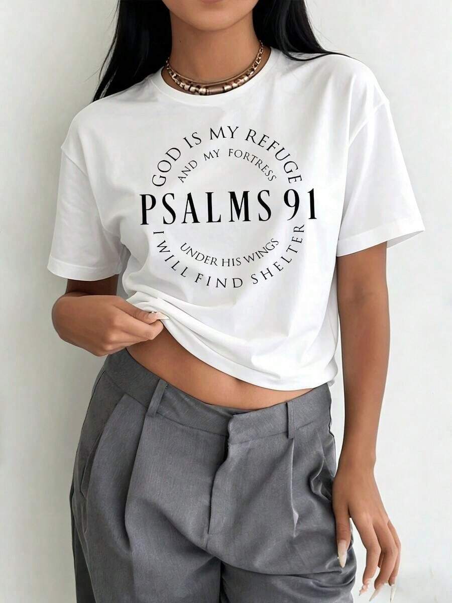 Camiseta de manga corta con cuello redondo para mujer [Talla Grande] con versículo bíblico de los Salmos 91 - "Dios es mi refugio" y estampado de psalterio, ropa casual adecuada para la iglesia, grupos de oración y uso diario, ropa de verano lavable a máquina. - Blanco - Ver 1