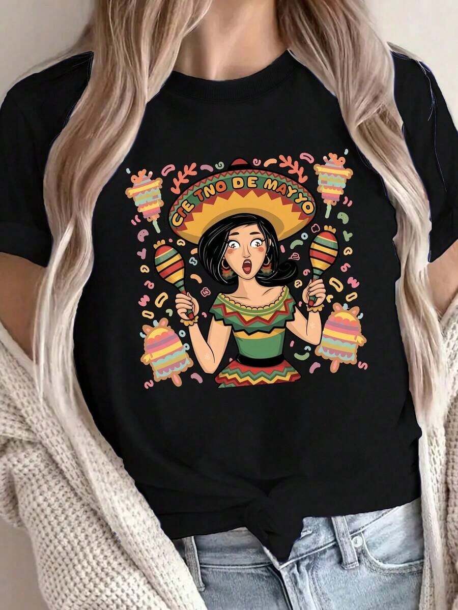 New Fashionable Women's Round Neck T-Shirt, Modern And Minimalist Style, Summer Clothes For Women, Graphic Print T-Shirt On , Casual Short Sleeve Top For Spring And Summer, Women's Clothing, Protective Phone Case, Cotton Holiday Sets, Casual Clothes For Women, Versatile Design Ready For Summer. - 黑色 - 查看 1