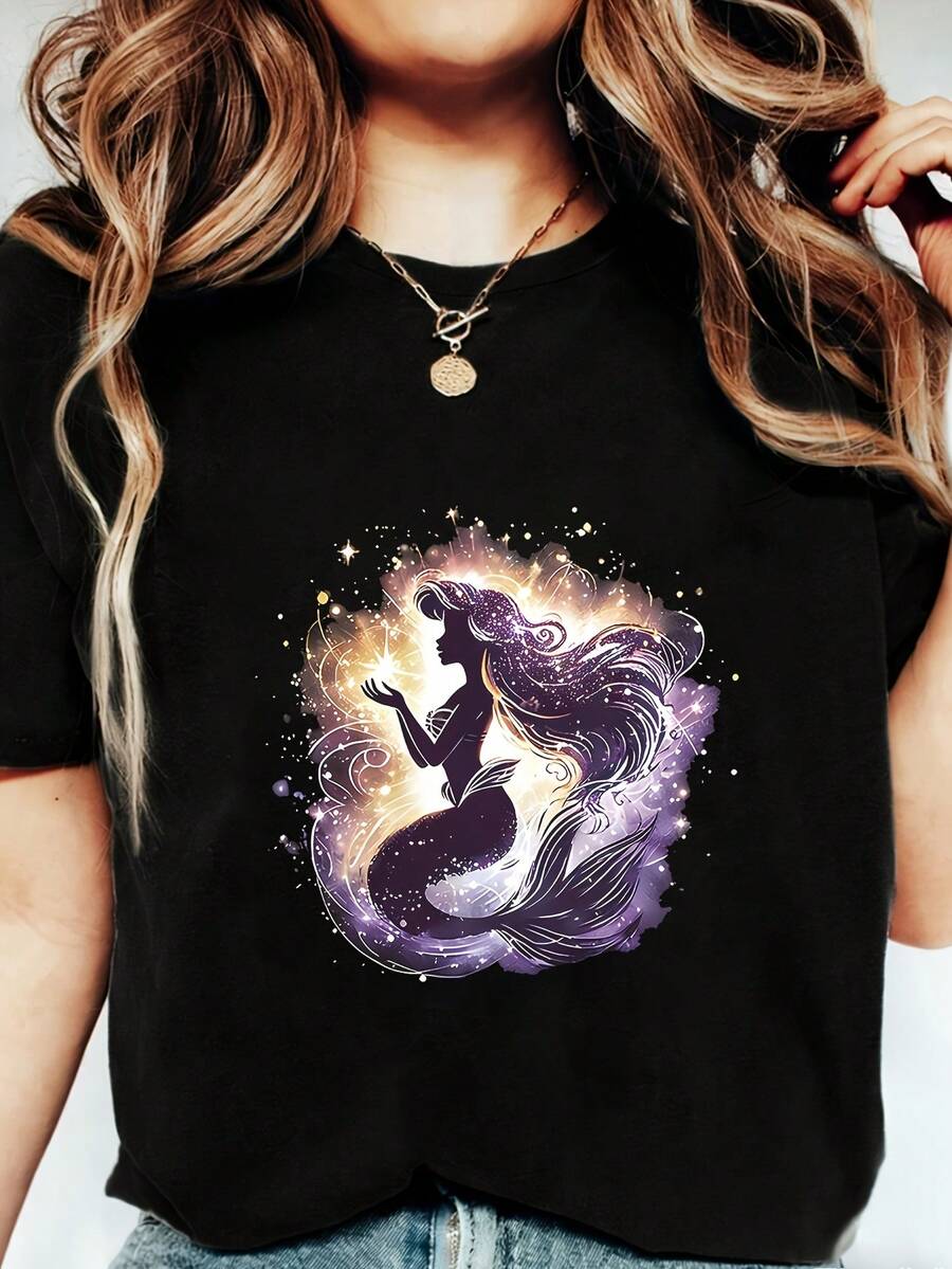 1 Women's Short Sleeve T-Shirt With Mermaid Print, Modern, Elegant And Slimming, The Perfect Gift For Birthdays Or Holidays, 180g 100% Cotton. - 黑色七 - 查看 1