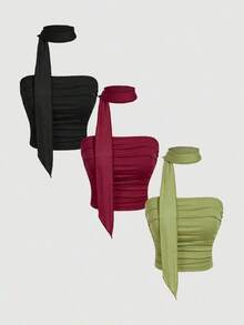 MOD Set de 3 piezas de top corto de punto ajustado con volantes y tirantes de bufanda para mujeres - Multicolor - Ver 11