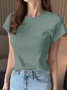 Camiseta de manga corta de mujer de cuello redondo de unicolor básica blanca, para primavera/verano, estilo casual empresarial - Verde 2 - Ver 7