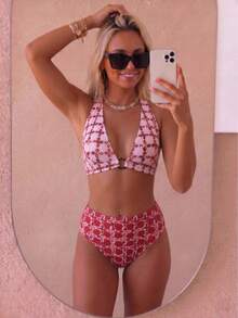 August vacation Kỳ nghỉ tháng Tám Thời trang hè dành cho nữ Bộ bikini gợi cảm in họa tiết hình học màu hồng, họa tiết ngẫu nhiên Đồ bơi đi biển - Nhiều màu - Xem 4