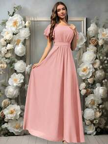 Vestido de dama de honor de gasa con volantes y mangas cortas con volantes, cuello de barco, estilo elegante para boda, color eucalipto - Rosa vieja - Ver 3