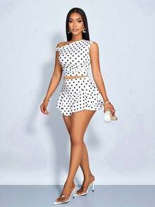 Conjunto moderno y elegante de 2 piezas con lunares, adecuado para fiestas, vuelta al colegio, vacaciones en la playa, cumpleaños, color marrón, primavera/verano - Blanco - Ver 12