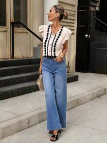 Clasi Blusa blanca elegante y casual con cuello en V, mangas con volantes, falso bordado y estampado floral, adecuada para primavera/verano - Albaricoque - Ver 6