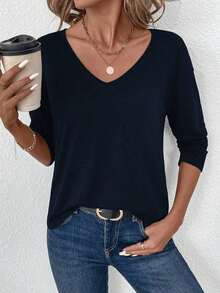 Camiseta de manga larga con cuello en V regular y estilo minimalista casual, adecuada para otoño/invierno - Azul marino - Ver 3