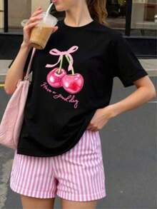 Camia negra más vendida, camia de manga corta para mujeres con estampado de cereza, una camia básica casual adecuada para el uso diario en primavera y verano. Mejor regalo camia BH0001 - Negro - Ver 1