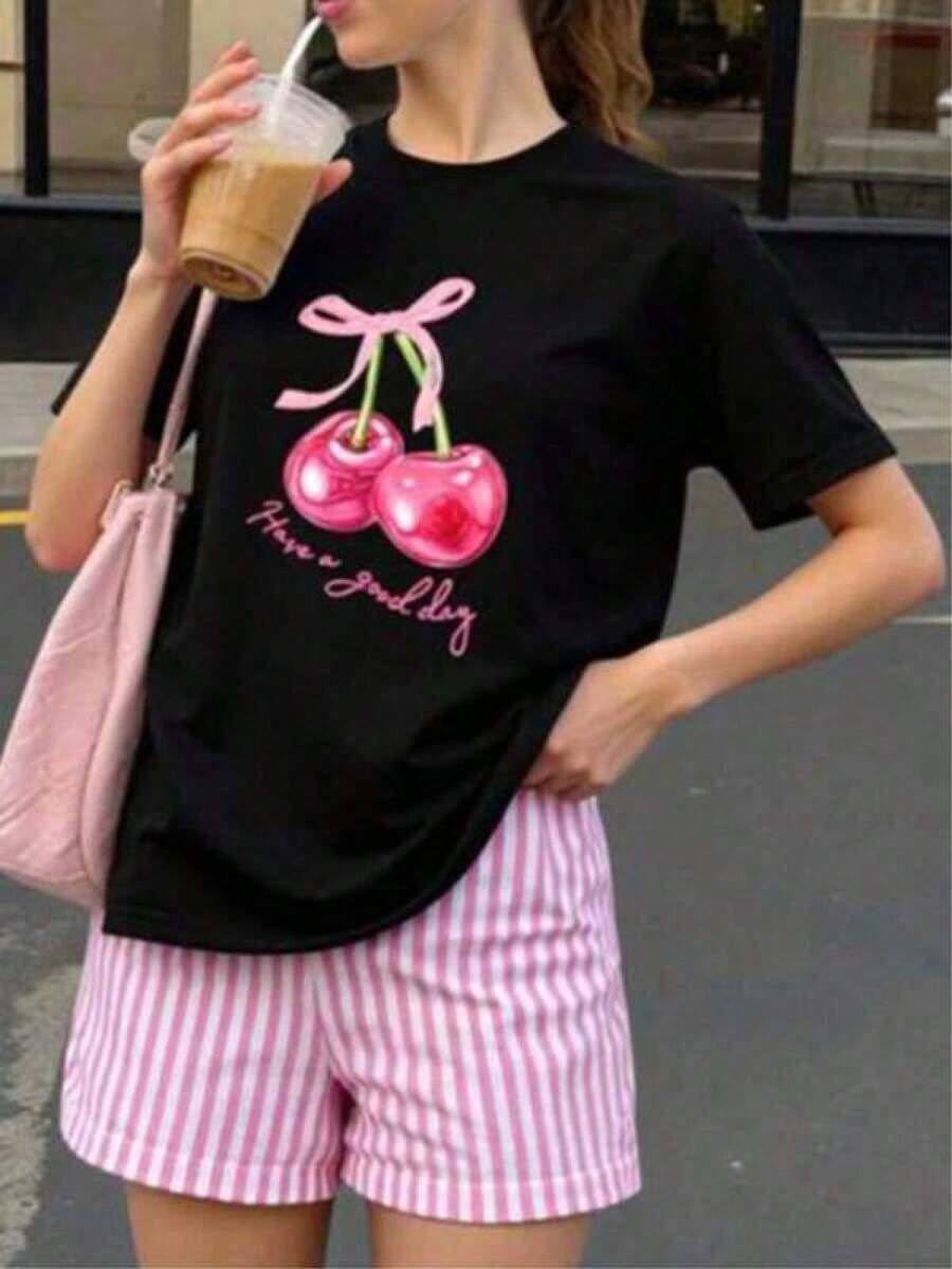 Camia negra más vendida, camia de manga corta para mujeres con estampado de cereza, una camia básica casual adecuada para el uso diario en primavera y verano. Mejor regalo camia BH0001 - Negro - Ver 1