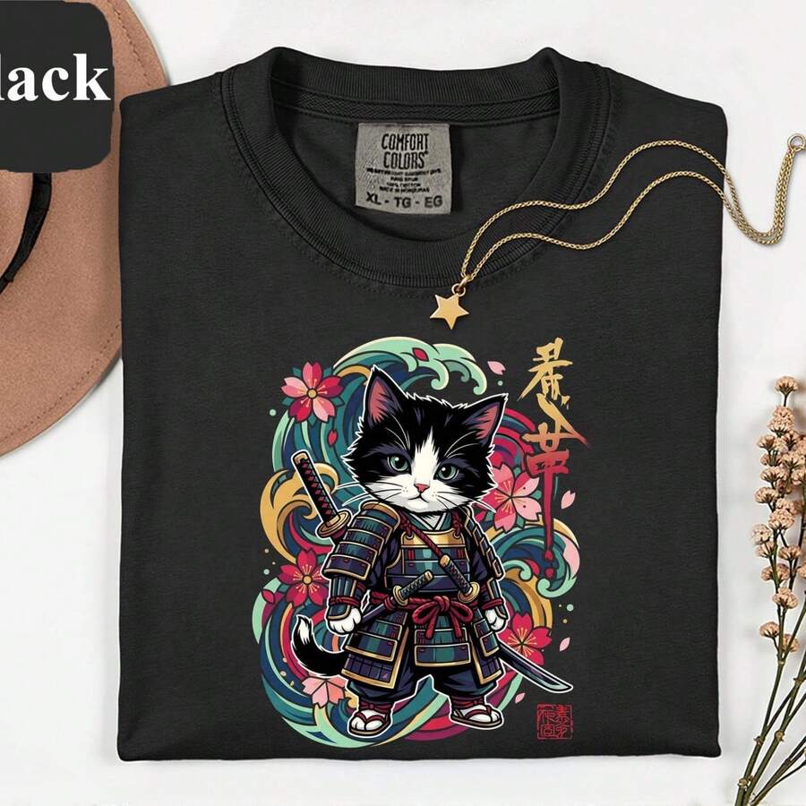 Samurai Cat TShirt, Kitty Shirt, Harajuku Style Graphic Tee - Negro - Ver 1