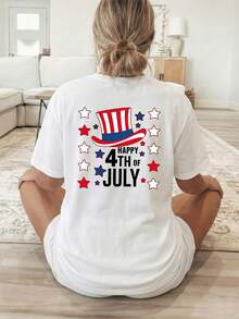 [Double-Sided Print] Women's Short-Sleeved, Crew-Neck T-Shirt In A Casual Style, Featuring A US Independence Day Print That Combines The Star-Spangled Banner With Star-Shaped Text. Machine Washable, Suitable For Casual Wear, Versatile Clothing, A  And Fashionable T-Shirt Made Of Comfortable Material, Perfect For Fashion Enthusiasts. - 白色 - 查看 3