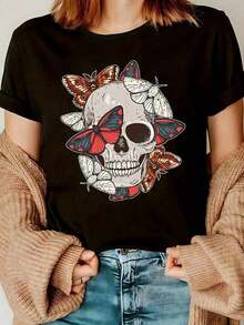 1 Women's Casual Crew Neck T-Shirt With Vibrant Skull And Butterfly Print, Made Of Lightweight, Soft And Breathable Polyester, Perfect For Spring/Summer, Casual Outfit, Summer Casual T-Shirt. - 黑色 - 查看 1