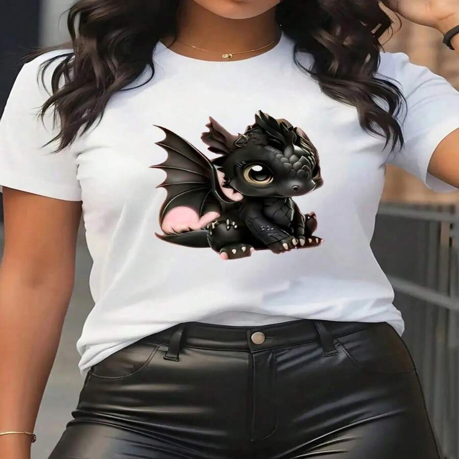 Women's Casual Short-Sleeve T-Shirt With An Adorable Dragon Design, Perfect For Lounging At Home. Made From Soft Fabric, This Black T-Shirt Is Lightweight And Durable, Ensuring Comfort For Everyday Wear. Sizes S-XXXL - 白色 - 查看 1