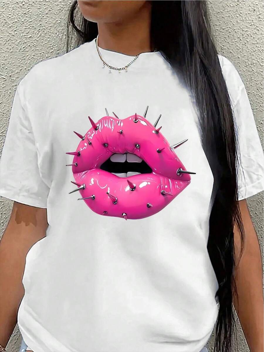Camiseta de poliéster de manga corta, con estampado de labios con púas en color rosa, ligera y duradera, adecuada para uso casual en restaurantes o salas de estar, el uso diario muestra un estilo moderno y llamativo.blusa casual mujer - Blanco - Ver 1