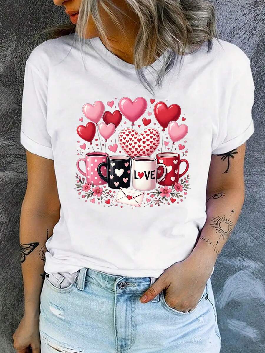 Camiseta Deportiva Casual para Mujer con Gráfico Colorido de Corazones y Texto Love - Camiseta Elástica de Cuello Redondo, Lavable aáquina, Confortable y Apta para Todas las Estaciones. - Blanco - Ver 1