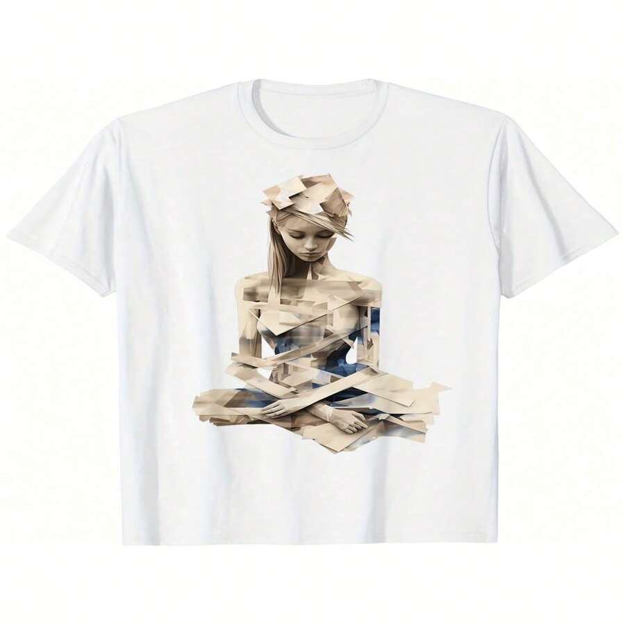 Mujer sentada de estilo Origami creativo Camiseta de manga corta de algodón puro S-XXXL - Blanco - Ver 1