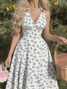 MOD Vestido midi elegante sin mangas con decoración floral 3D de metal y plisados para mujer - Azul y blanco - Ver 12