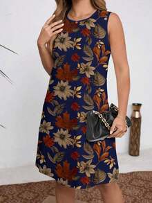 Vestido de tirantes con cuello redondo y estampado de hojas en talla grande, vestido informal de línea A, adecuado para vacaciones, playa y uso diario, conjunto de ropa de verano para mujer - Multicolor 2 - Ver 3