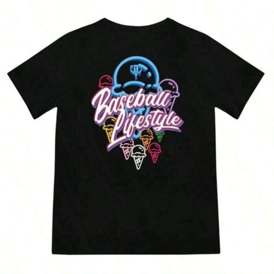 Camiseta con Estampado Novedad 2026, Camiseta de Estilo Béisbol para Niños - Negra con Estampado Gráfico Amarillo y Verde, Camiseta Casual Transpirable de Cuello Redondo para Primavera/Verano, Regalo Perfecto para Jóvenes, Camiseta de Béisbol, Camiseta de Ajuste Cómodo, Cómoda y Moderna, Multifuncional, Linda y Suave, Patrón Interesante, Camiseta de Verano a la Moda, Adecuada para Fiestas y Actividades Diarias al Aire Libre, Regalos de Navidad y Festivales. Tela Suave, Transpirable, 100% Algodón, Camiseta Gráfica para Mujer de Uso Diario. - Negro 9 - Ver 1