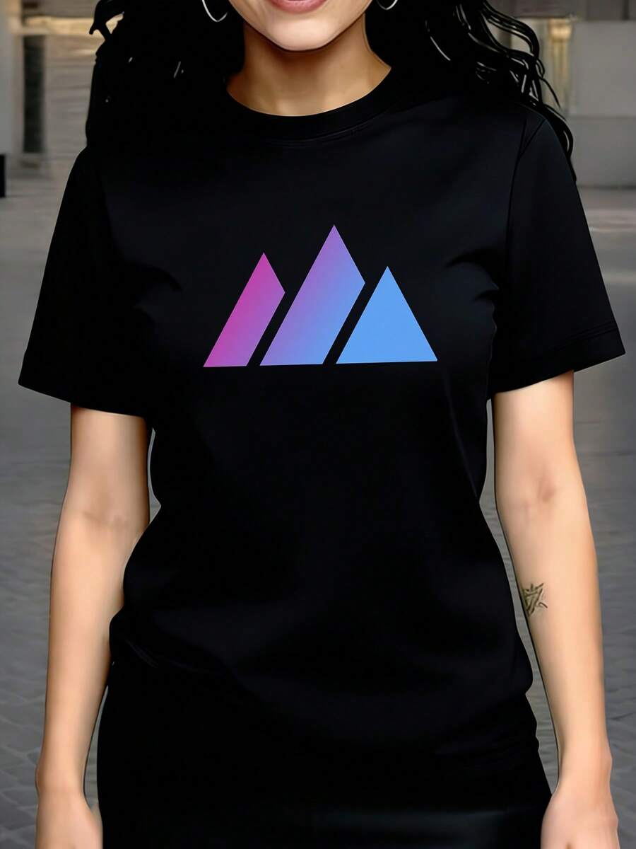 Women's Top For Spring Summer, 100% Casual, Short Sleeve And Round Neck, T-Shirt With Printed Design And Geometric Pattern - Black - View 1