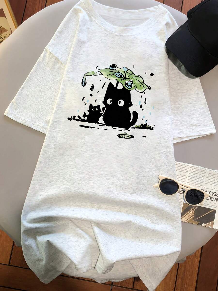 Women's Short Sleeve T-Shirt, Summer Cartoon Print, Fashionable And Modern Design, Sheer Short Sleeve T-Shirt, Short Sleeve T-Shirt Top, Slim Fit T-Shirt Top #3333 - 灰 - 查看 1