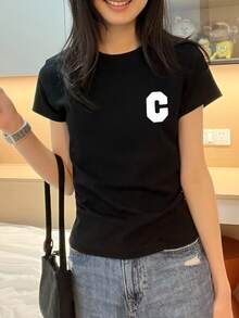 Short-Sleeved T-Shirt, Short-Sleeved T-Shirt, Women's Cartoon Print Crop Top, Women's Short-Sleeved T-Shirt, High-Elasticity Top #T274 - 黑色 - 查看 2